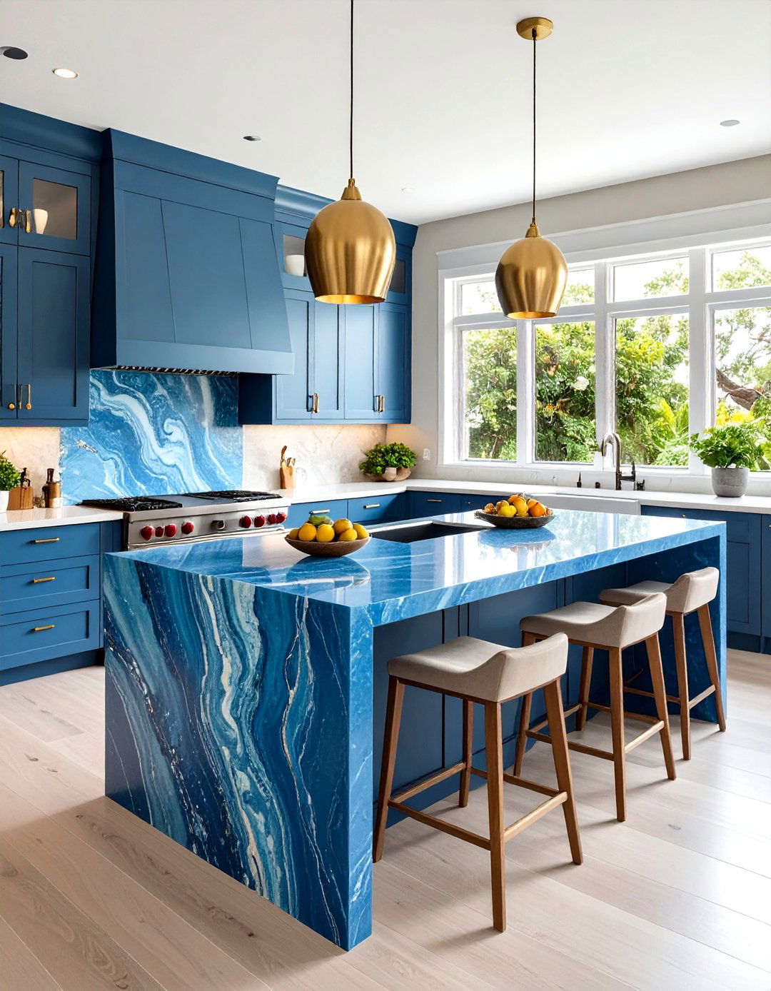 Exotic Blue Quartzite Waterfall Kitchen Island with Ocean Inspired Patterns - 20 Waterfall Kitchen Island Ideas