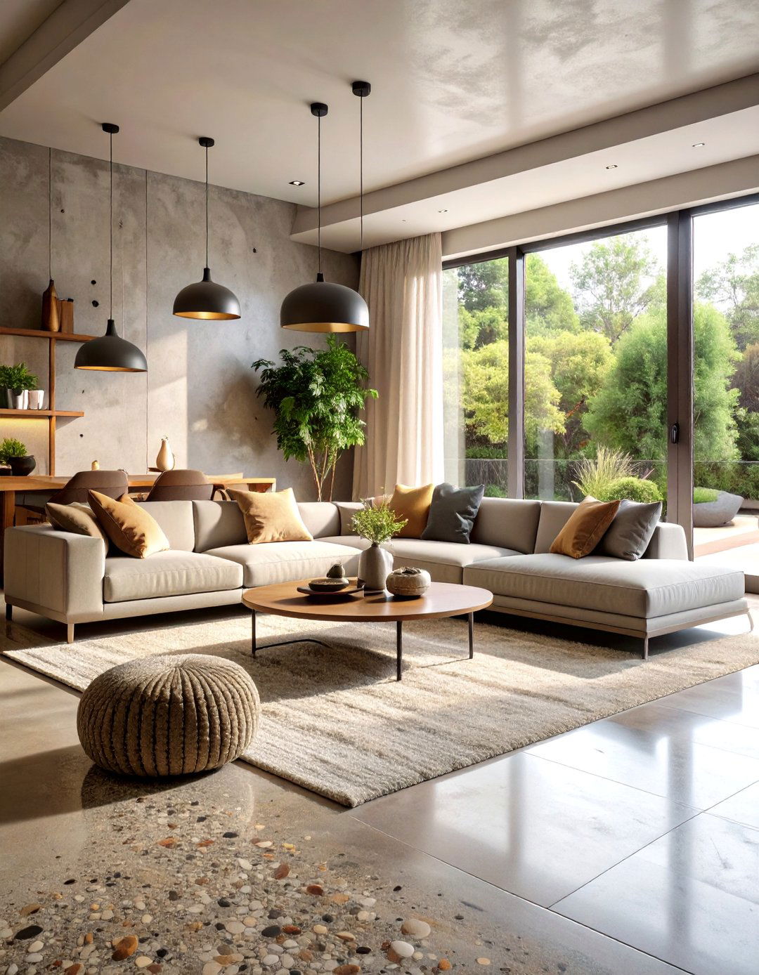 Exposed Aggregate Concrete Floor Living Room with Natural Stone Appeal - 20 Concrete Floor Living Room Ideas