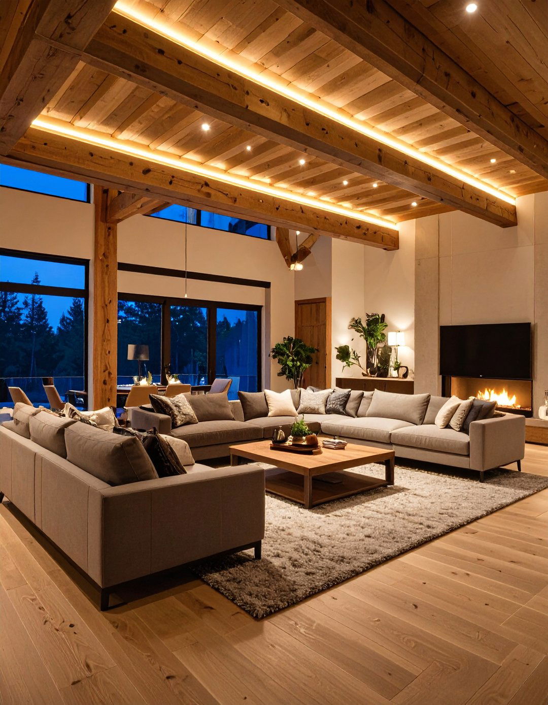 Exposed Beam Living Room with Integrated Lighting - 20 Exposed Beam Living Room Ideas