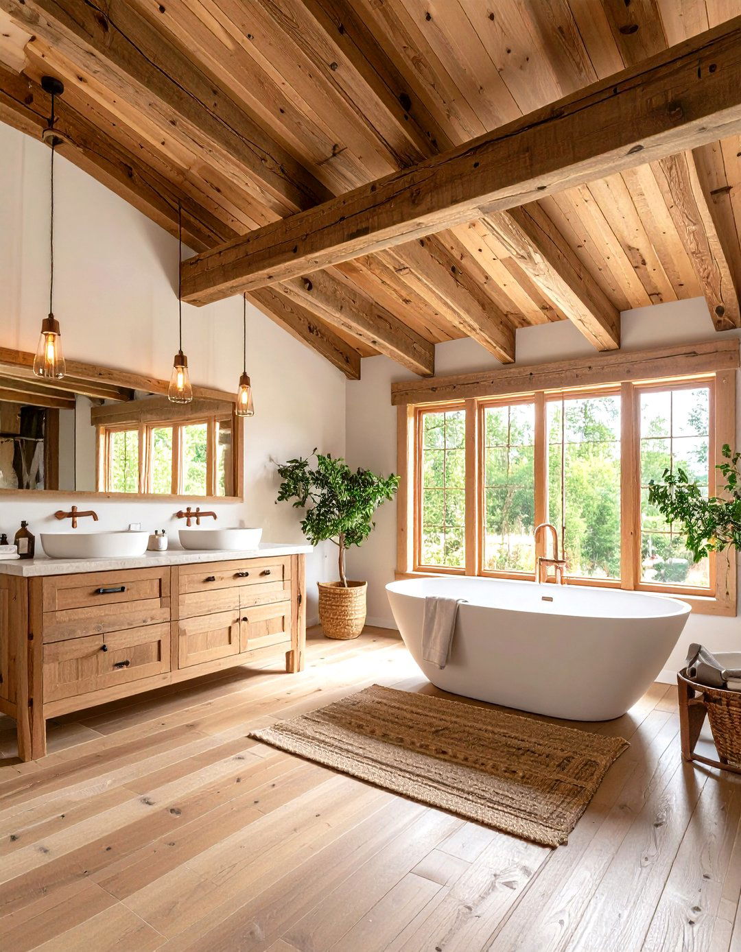 Exposed Beam Rustic Bathroom with Timber Frame Details - 20 Rustic Bathroom Ideas