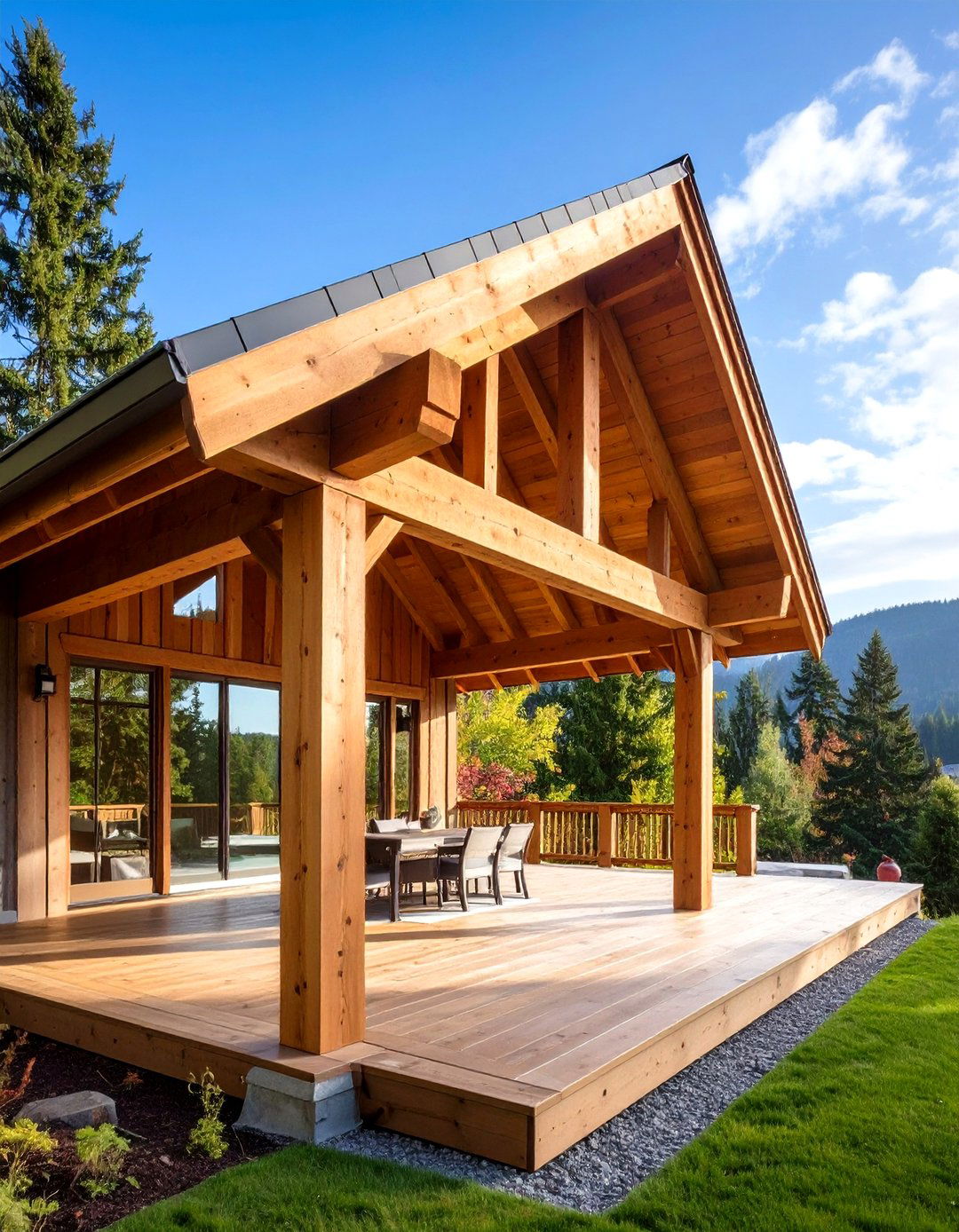 Exposed Beam Timber Gable Patio Roof Celebrates Craftsmanship - 20 Gable Patio Roof Design Ideas