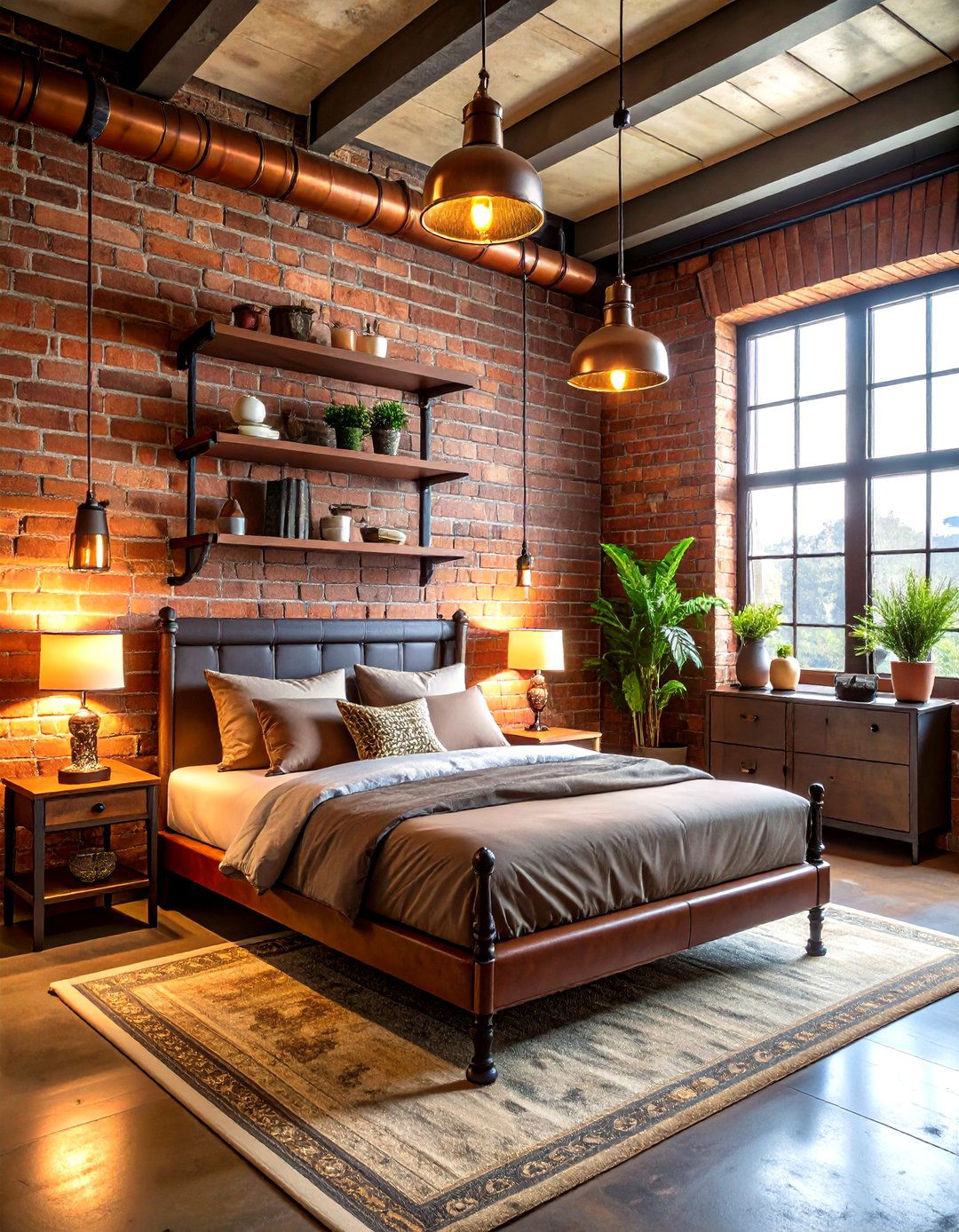 Exposed Brick Accent Wall - 20 Steampunk Bedroom Ideas