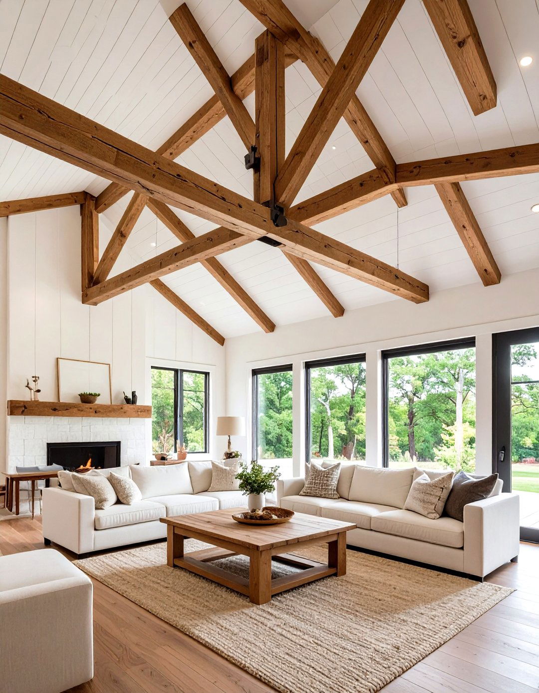 Exposed Wood Beams Add Story Overhead in the Farmhouse Living Room - 20 Farmhouse Living Room Ideas