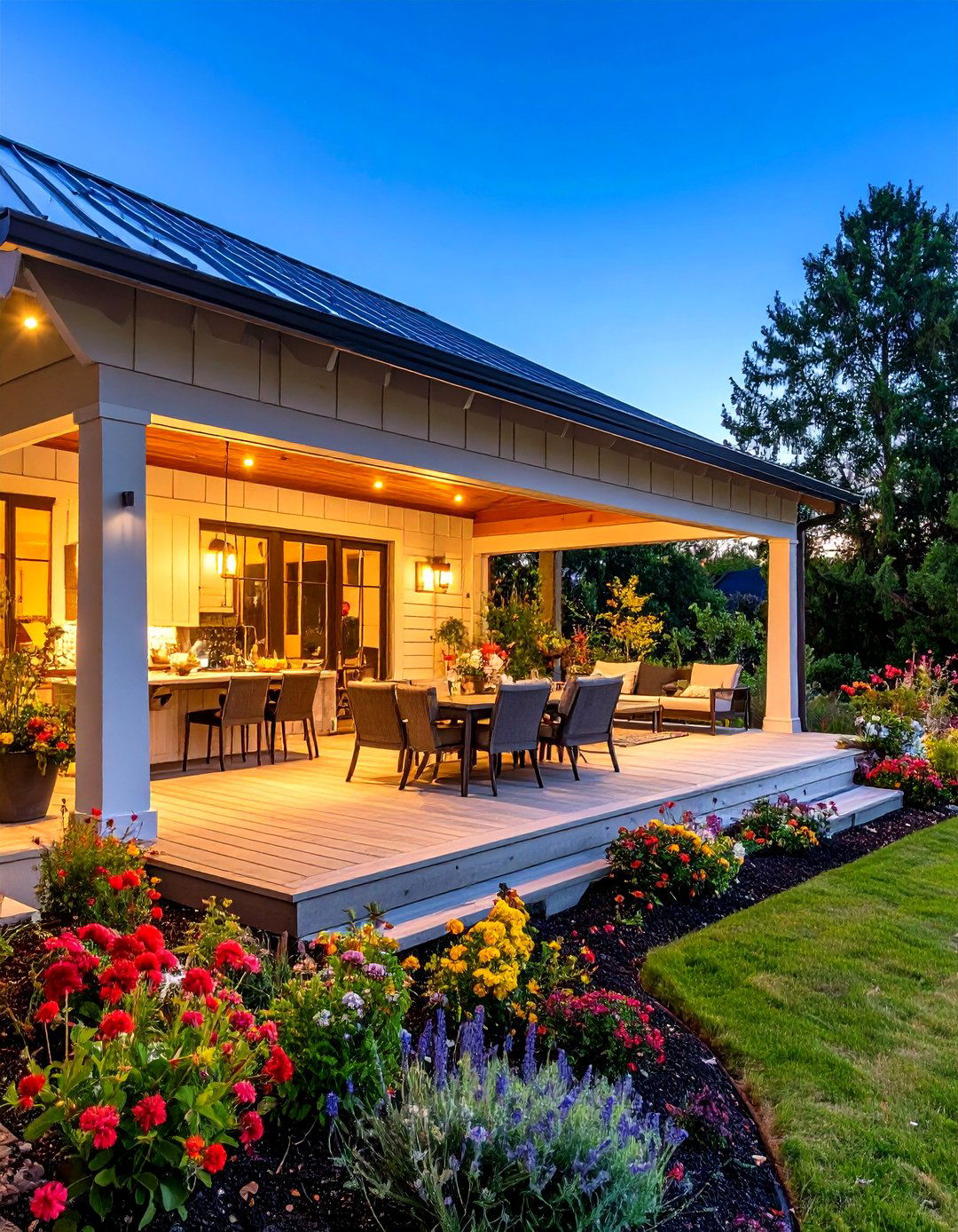 Extended Metal Roof Porch with Outdoor Living Integration - 20 Metal Roof Porch Design Ideas
