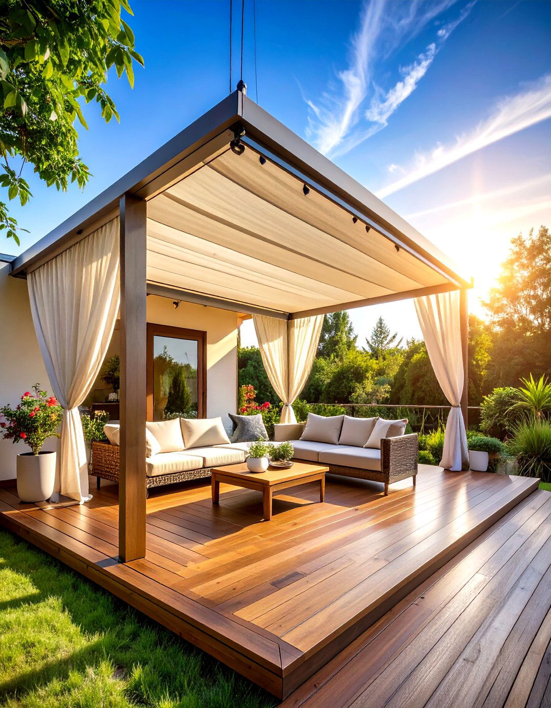 Fabric Canopy Drop Shade Deck System - 20 Covered Deck Ideas