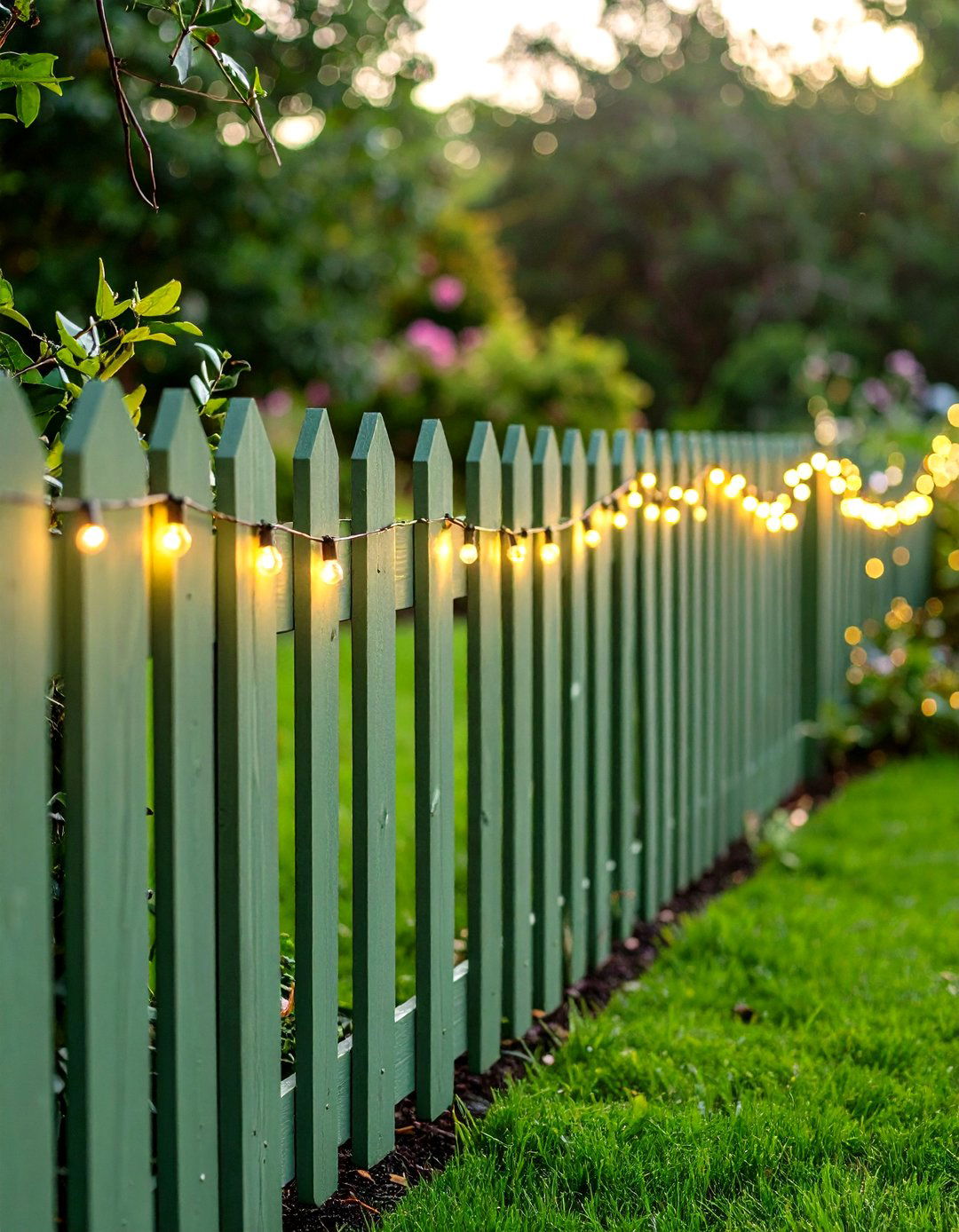 Fairy Light Accented Fence - 20 Sage Green Garden Fence Ideas