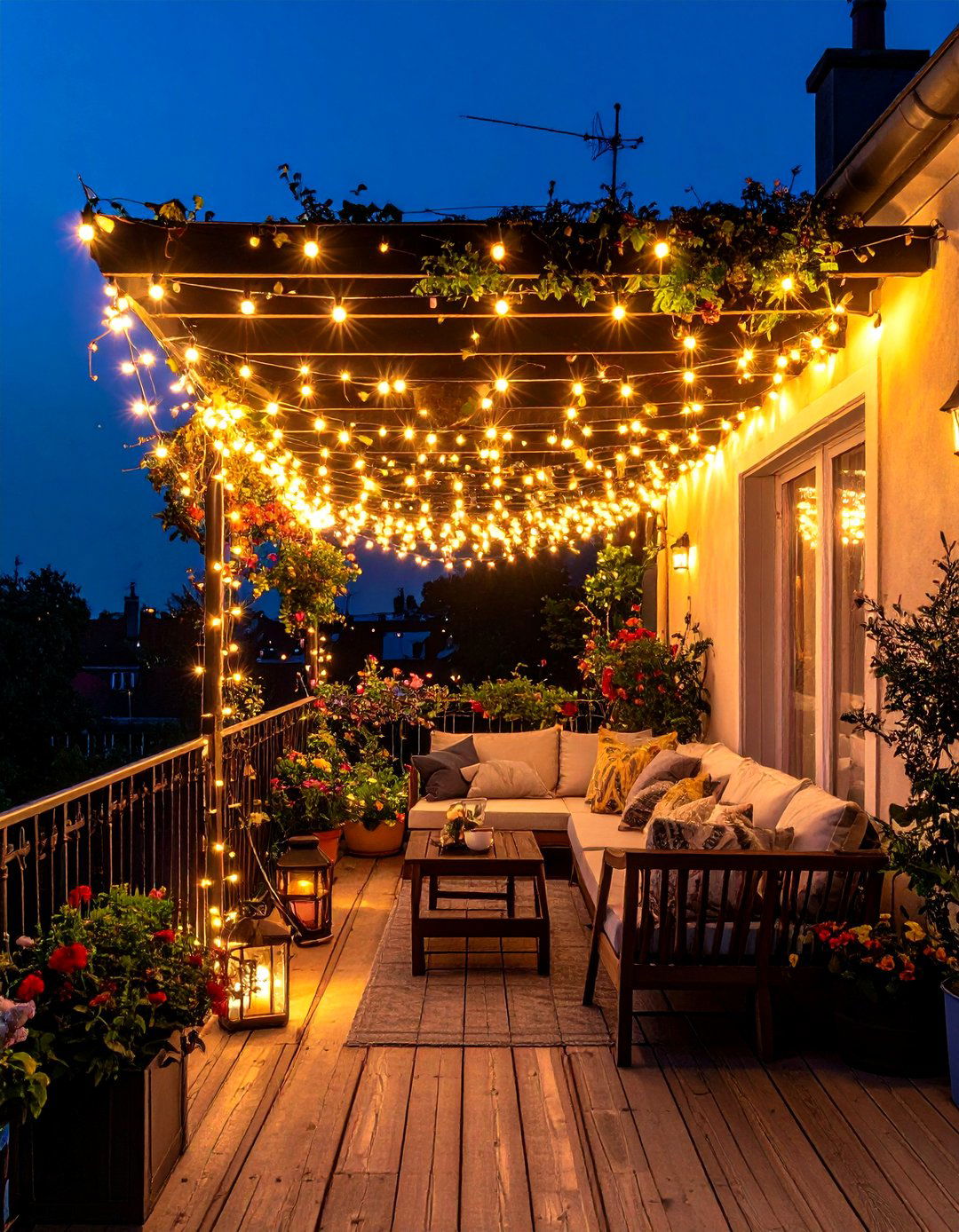 Fairy Light Canopy Over a French Balcony - 20 French Balcony Ideas