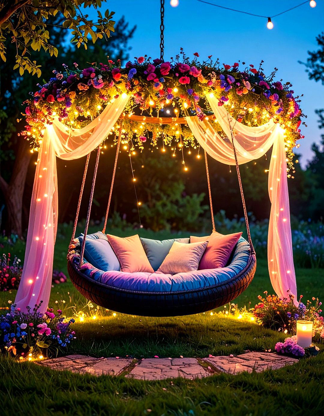 Fairy Light Canopy Swing - 20 Tire Swing Ideas
