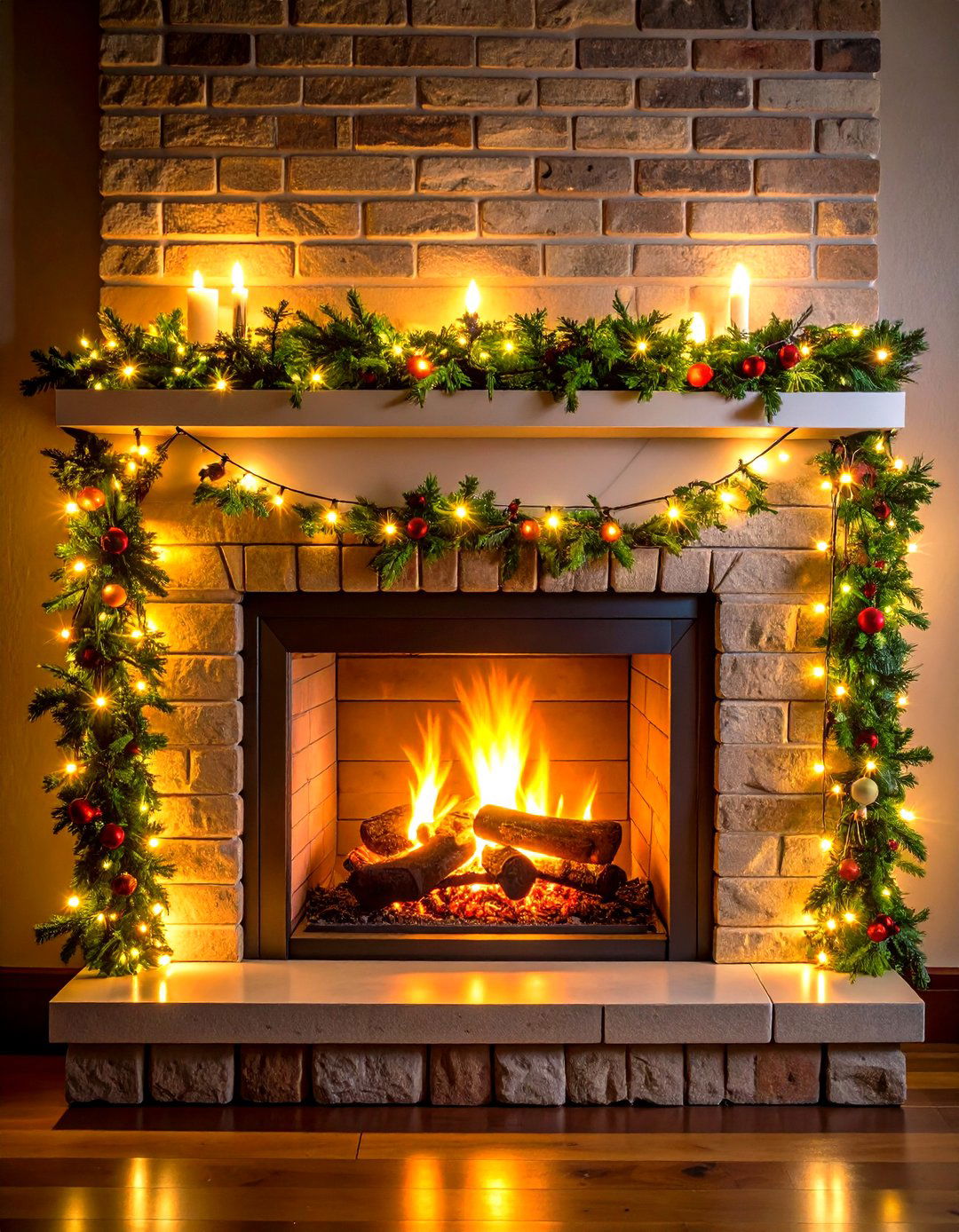 Fairy Light Garland Draped Across the Fireplace - 20 Fireplace Lighting Ideas