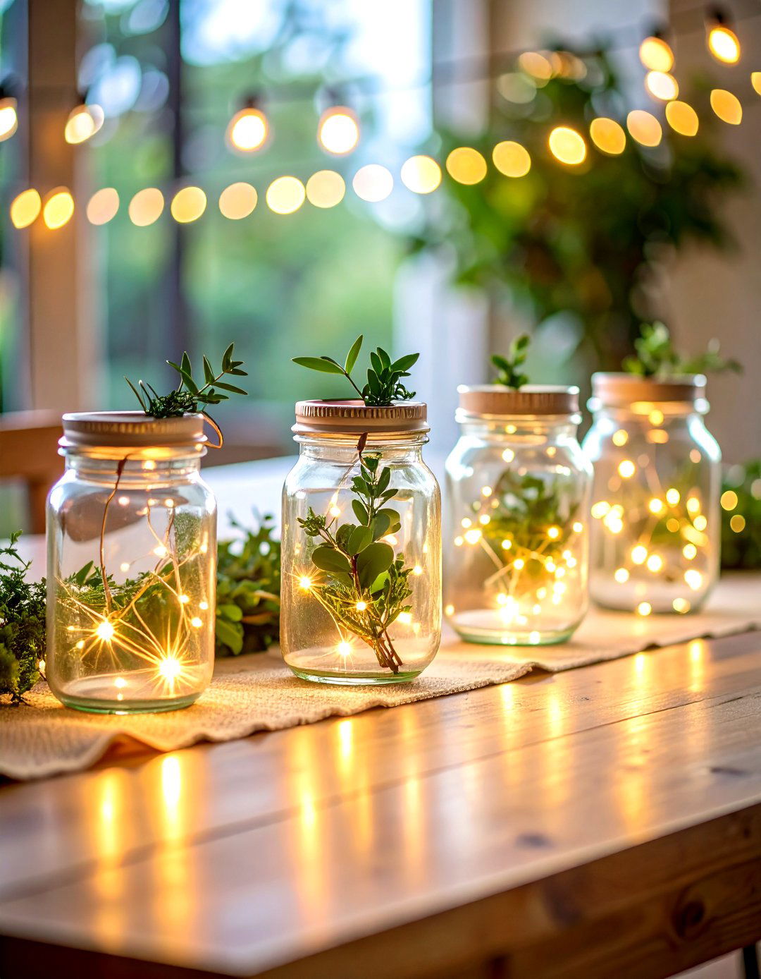 Fairy Light Greenery Runner Mason Jar Centerpiece - 20 Mason Jar Wedding Centerpieces