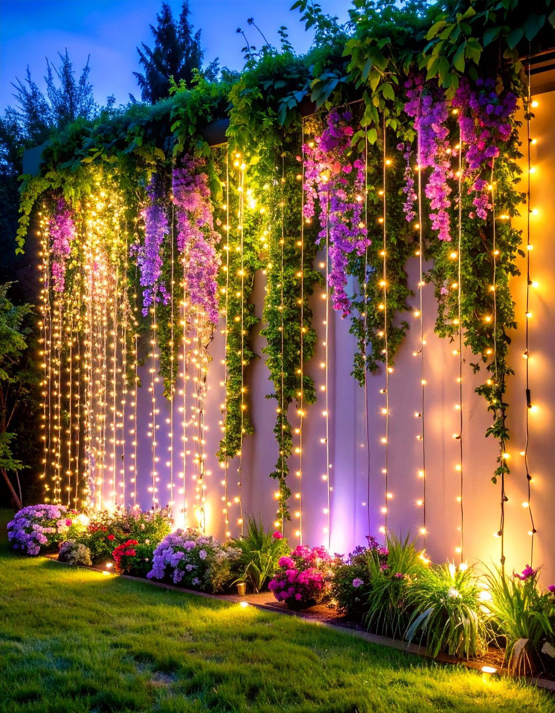Fairy Patio String Light Curtain Privacy Wall Design - 20 Patio String Light Ideas