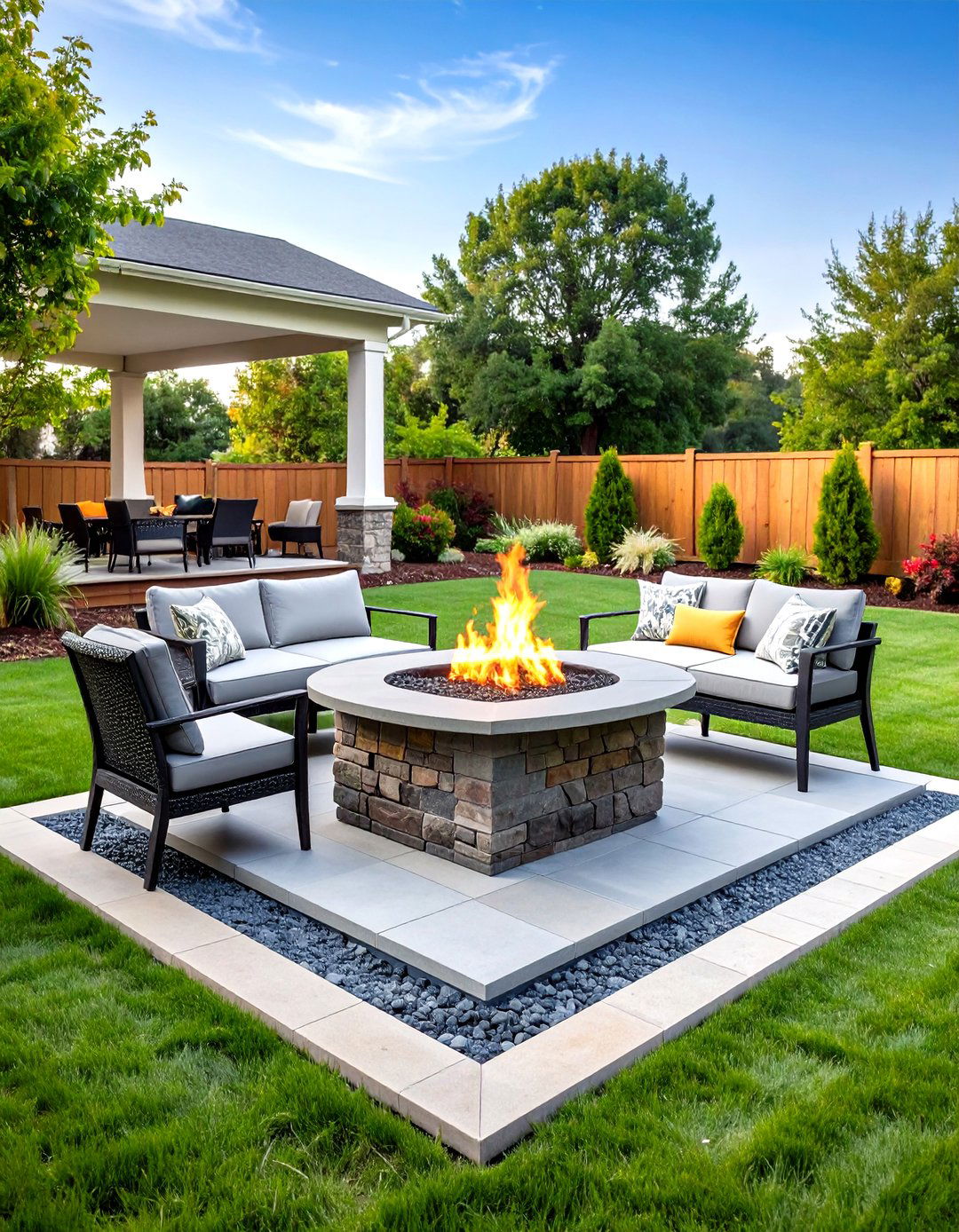 Family Friendly Hybrid Paver Border Stamped Concrete Patio with Fire Table - 20 stamped concrete patio with fire pit ideas