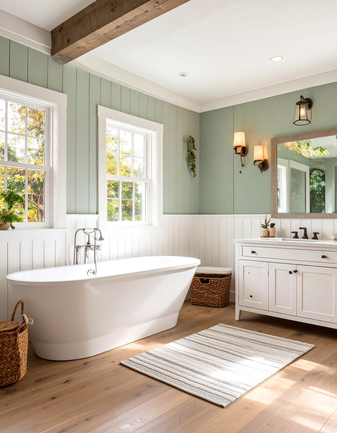 Farmhouse Bathroom Board and Batten Wall Treatment - 20 Farmhouse Bathroom Ideas