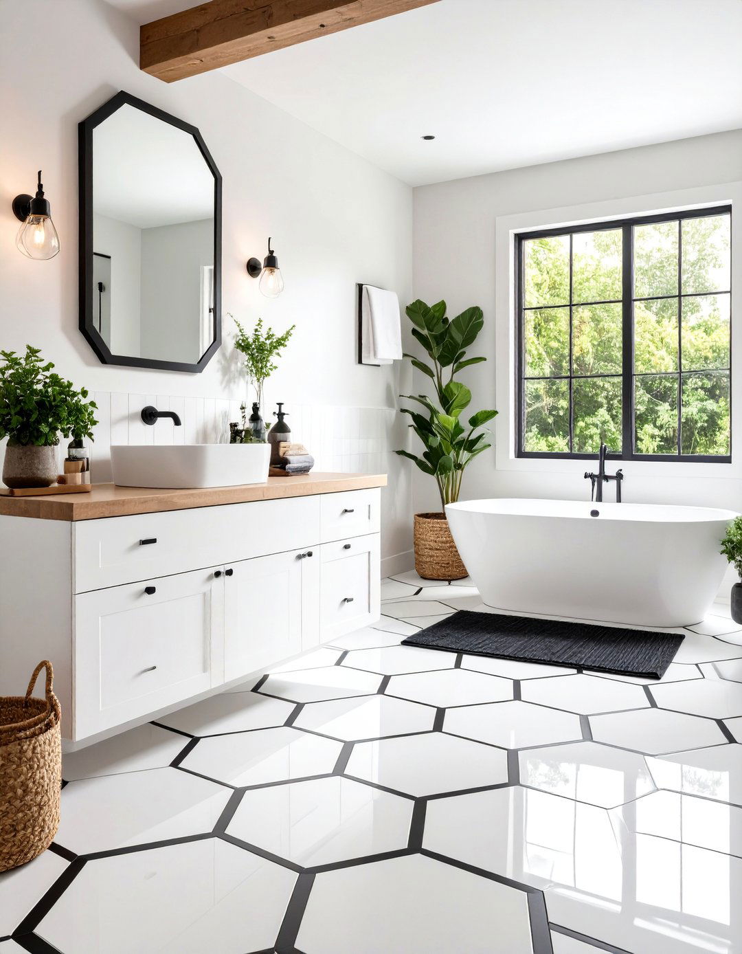Farmhouse Bathroom Hexagon Floor Tile Pattern - 20 Farmhouse Bathroom Ideas