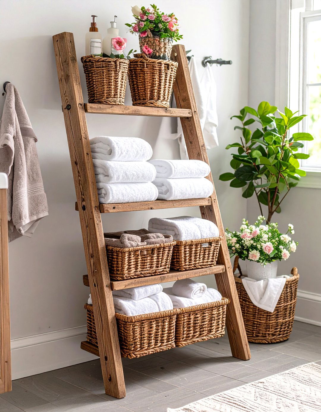 Farmhouse Bathroom Ladder Towel Storage - 20 Farmhouse Bathroom Ideas