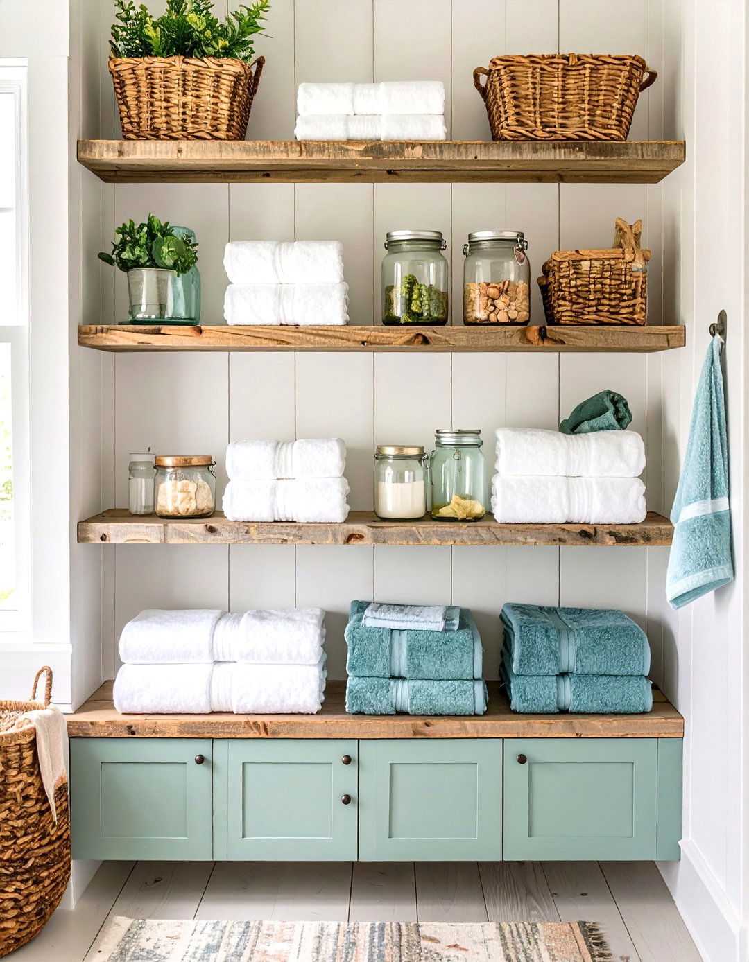 Farmhouse Bathroom Open Wooden Shelving - 20 Farmhouse Bathroom Ideas