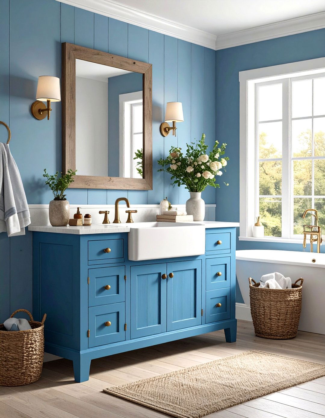 Farmhouse Blue Bathroom Vanity with Apron Front Sink - 20 Blue Bathroom Vanity Ideas