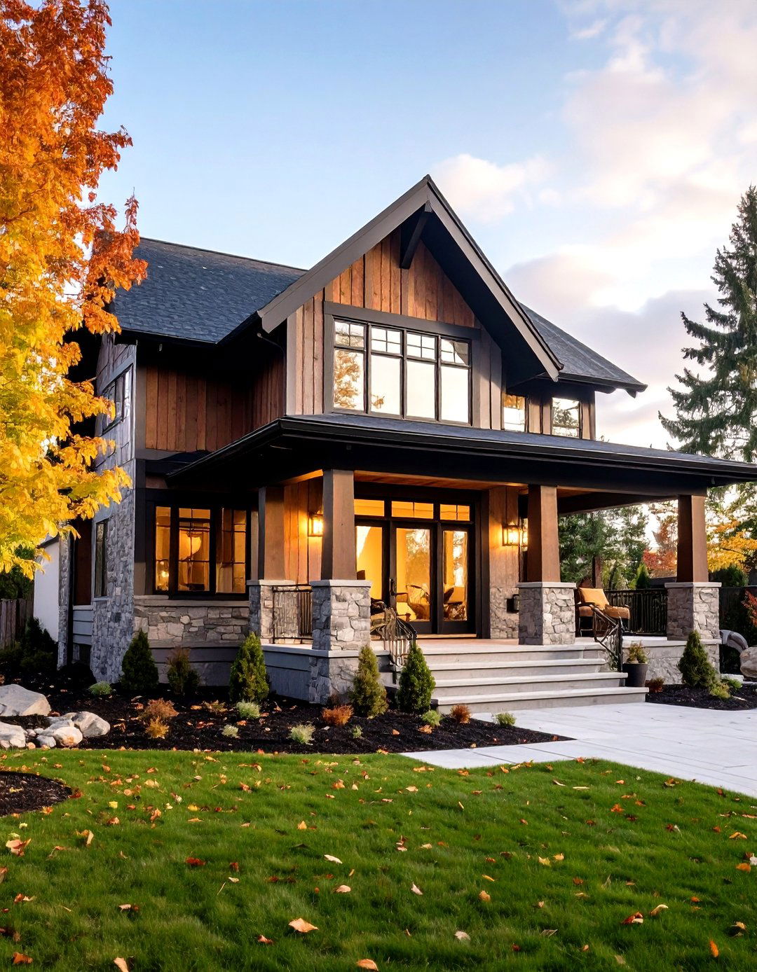 Farmhouse Bungalow Walnut Siding and Jet Trim - 20 Dark Brown House With Black Trim