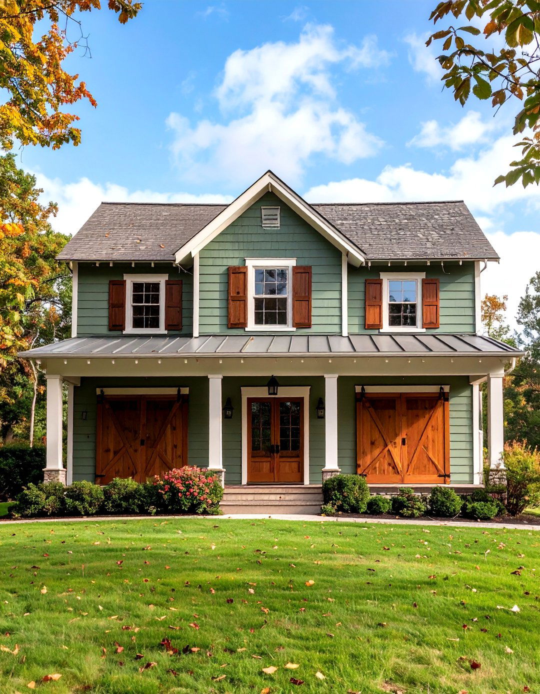 Farmhouse Charm with Barn Style Doors - 20 Sage Green House With Brown Trim Ideas