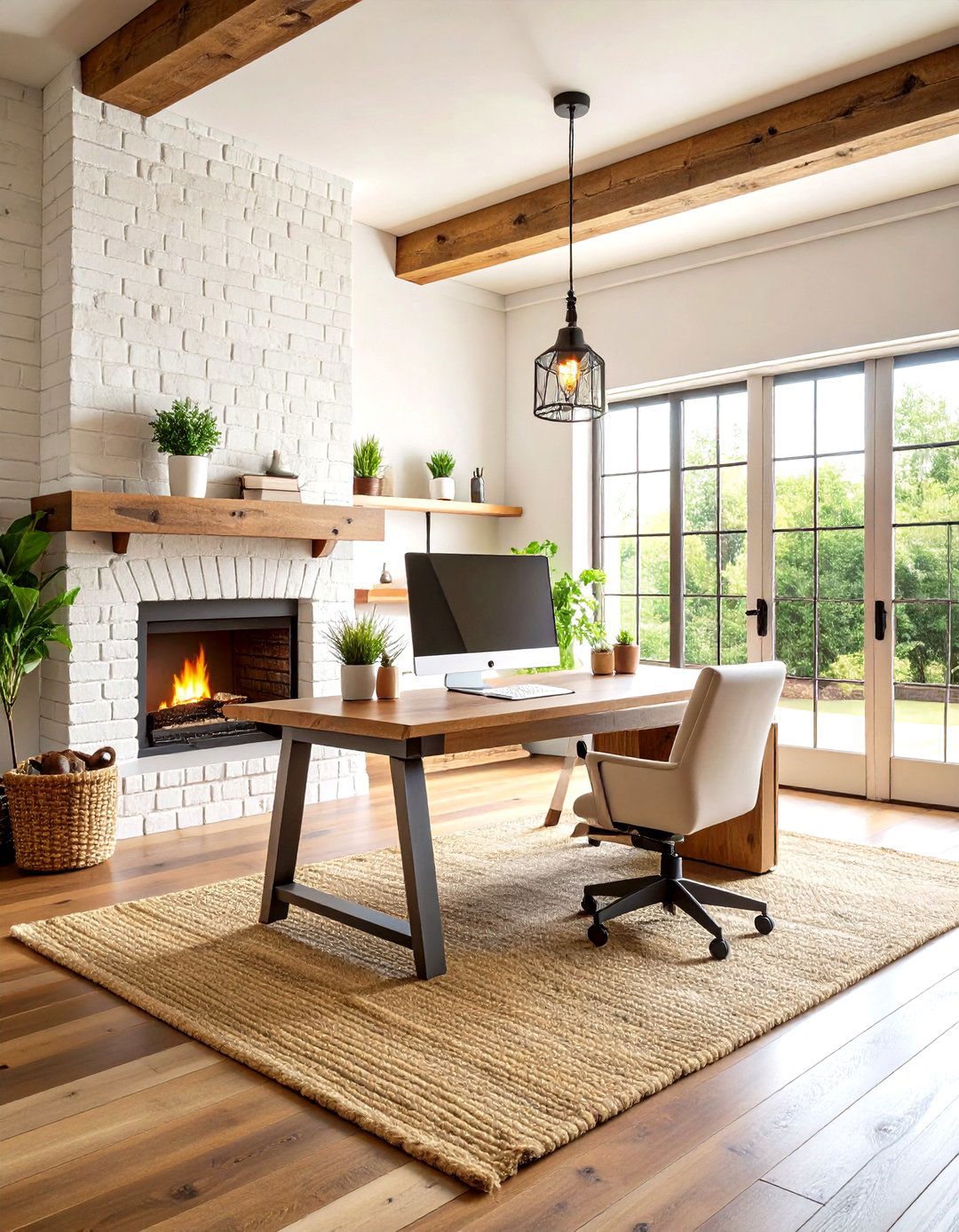 Farmhouse Chic Fireplace with Desk Integration - 20 Home Office With Fireplace Ideas