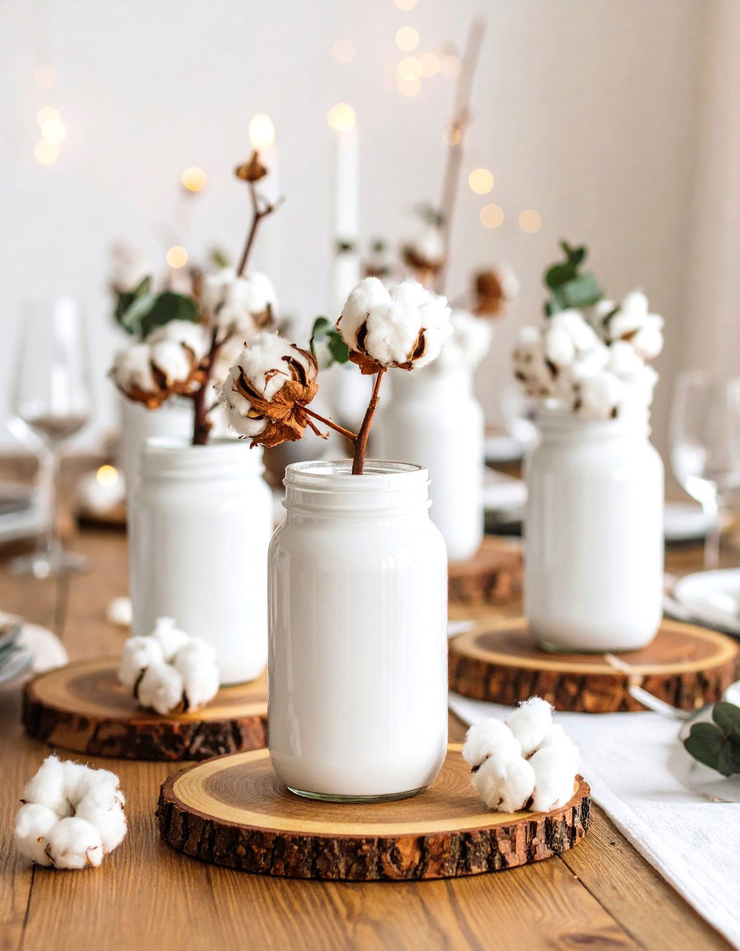 Farmhouse Cotton and Eucalyptus - 20 Mason Jar Centerpiece Ideas