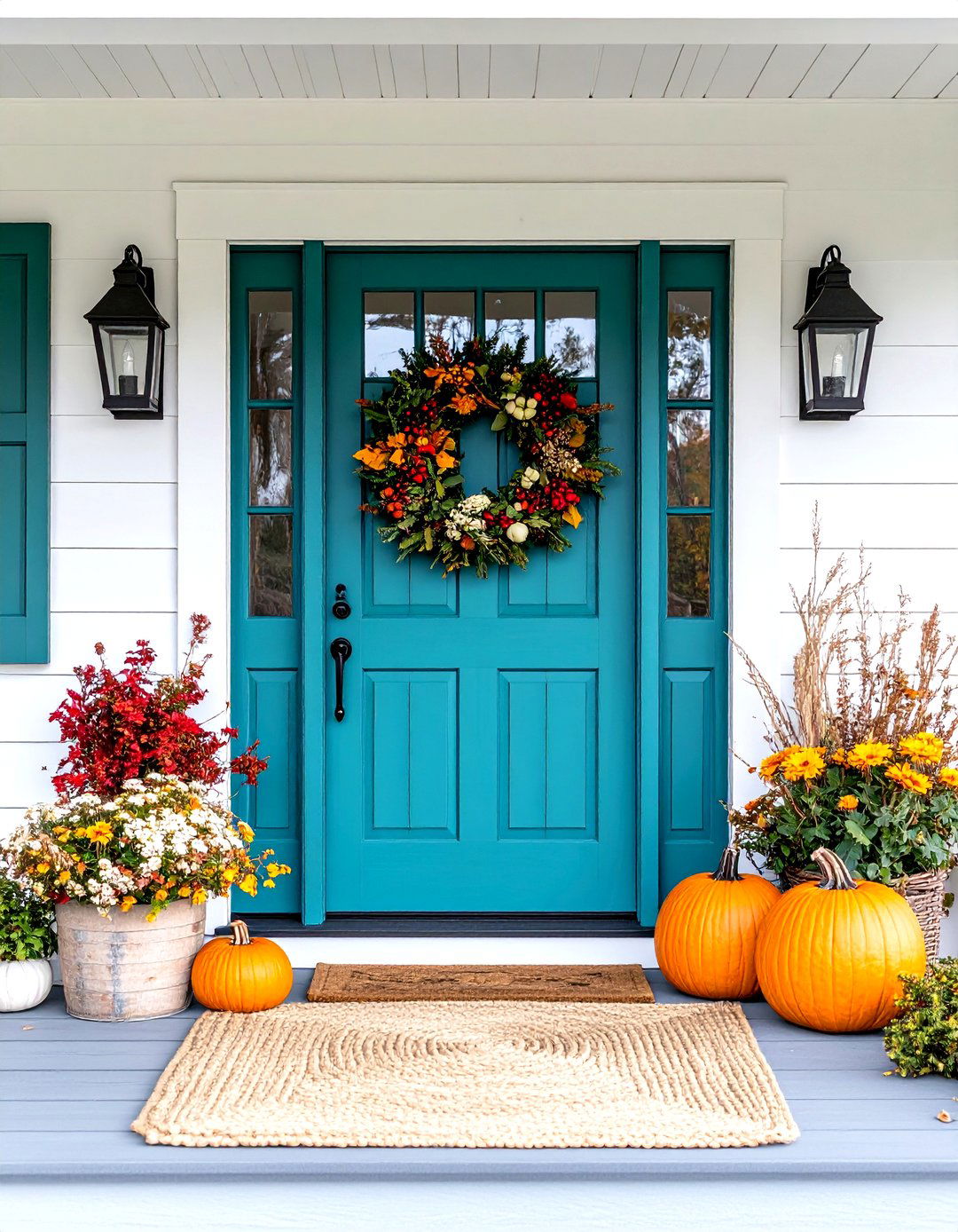 Farmhouse Entryway Framed by Turquoise Door - 20 Turquoise Front Door Ideas