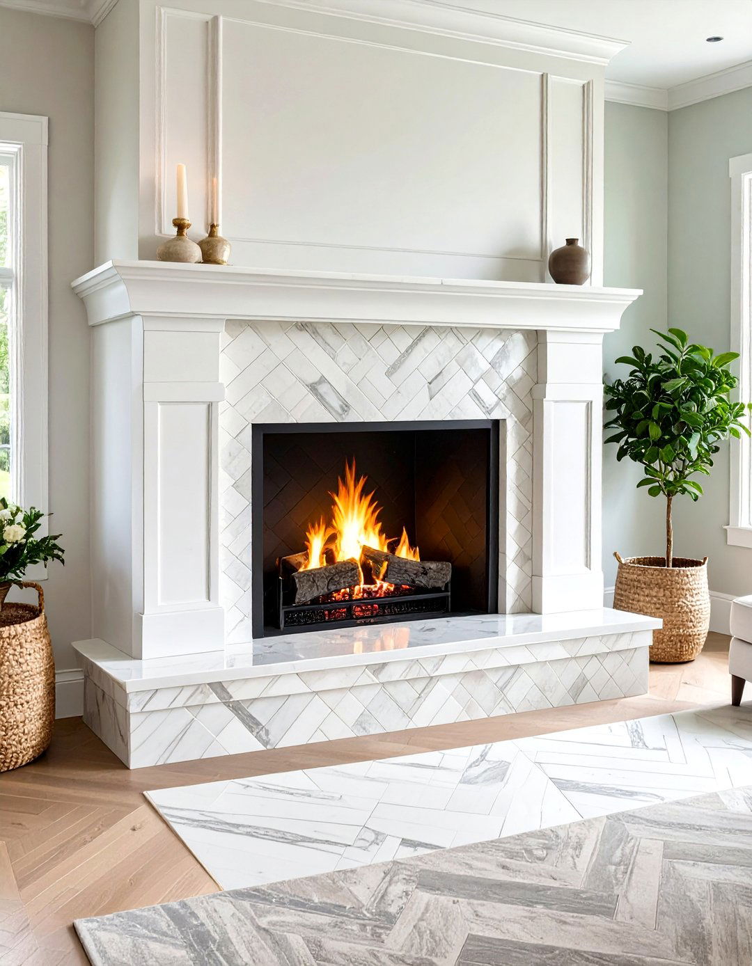 Farmhouse Fireplace Herringbone Marble Tile - 20 Farmhouse Fireplace Tile Ideas