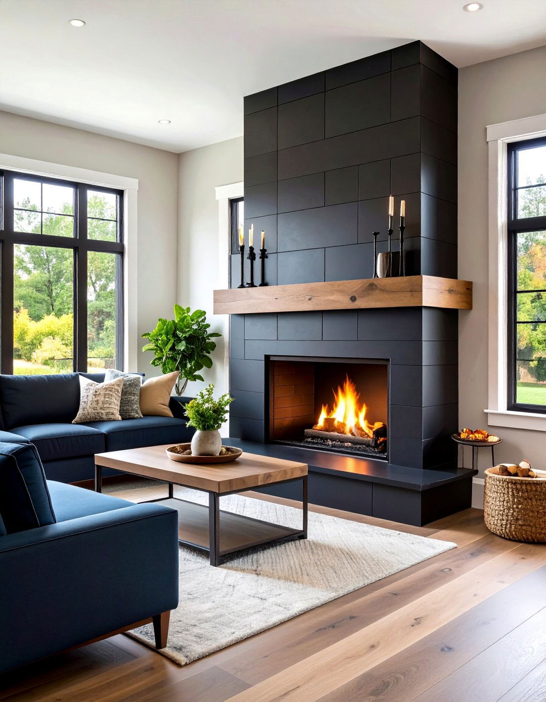 Farmhouse Fireplace Large Format Black Matte Tile - 20 Farmhouse Fireplace Tile Ideas