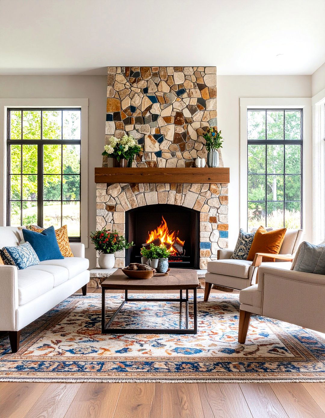 Farmhouse Fireplace Mixed Material Mosaic Tile - 20 Farmhouse Fireplace Tile Ideas