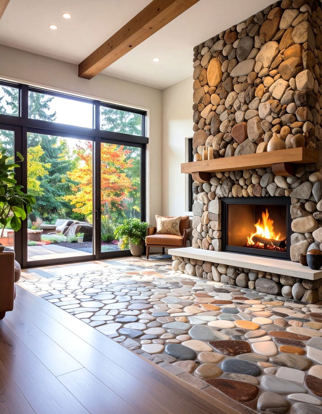 Farmhouse Fireplace Natural River Rock Mosaic Tile - 20 Farmhouse Fireplace Tile Ideas