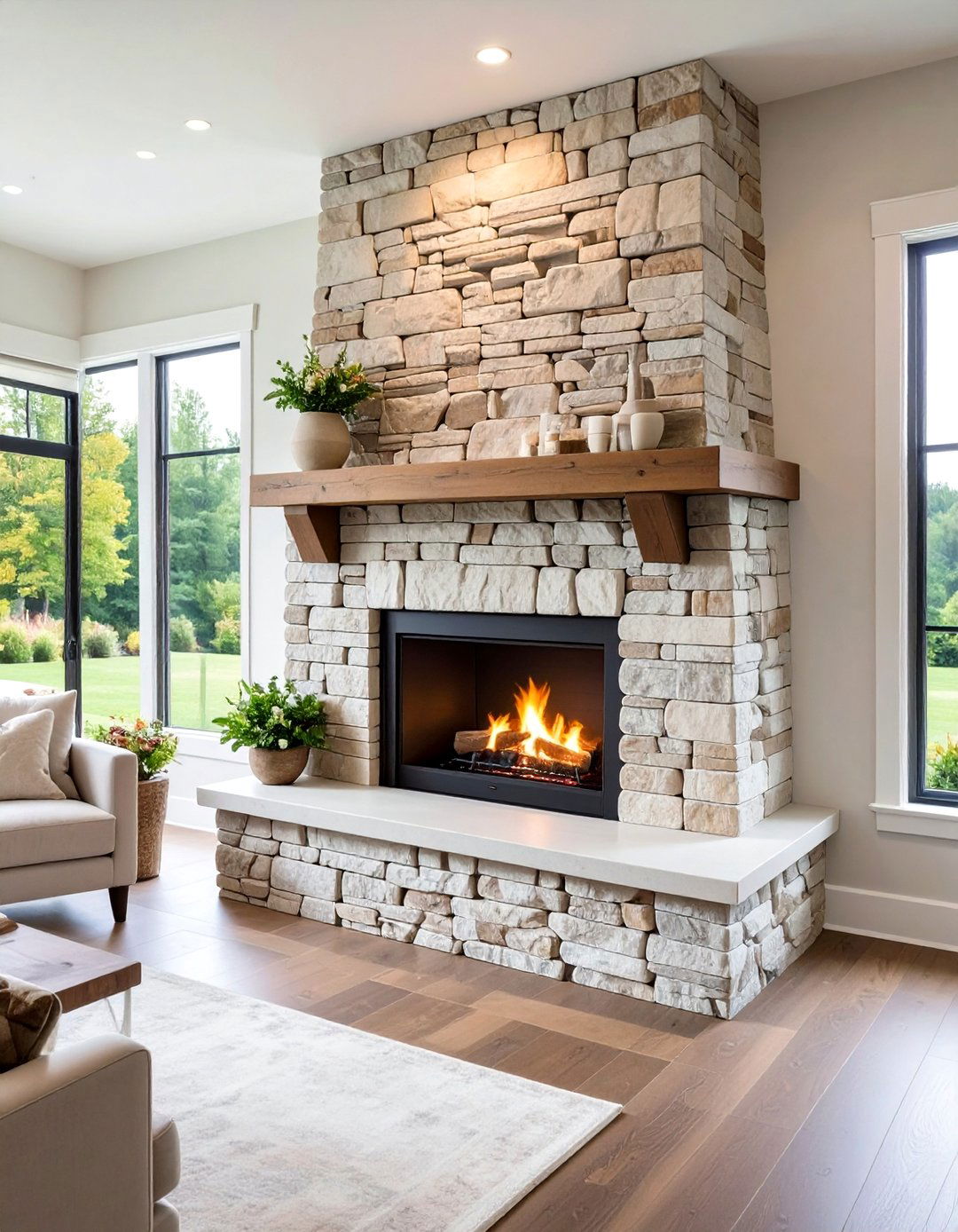 Farmhouse Fireplace Stacked Limestone Ledger Tile - 20 Farmhouse Fireplace Tile Ideas