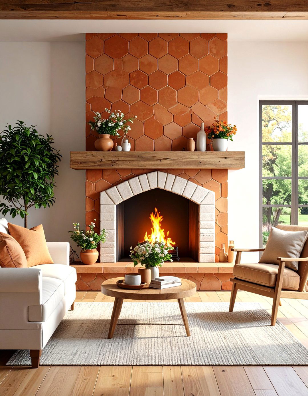 Farmhouse Fireplace Terracotta Hexagon Tile - 20 Farmhouse Fireplace Tile Ideas