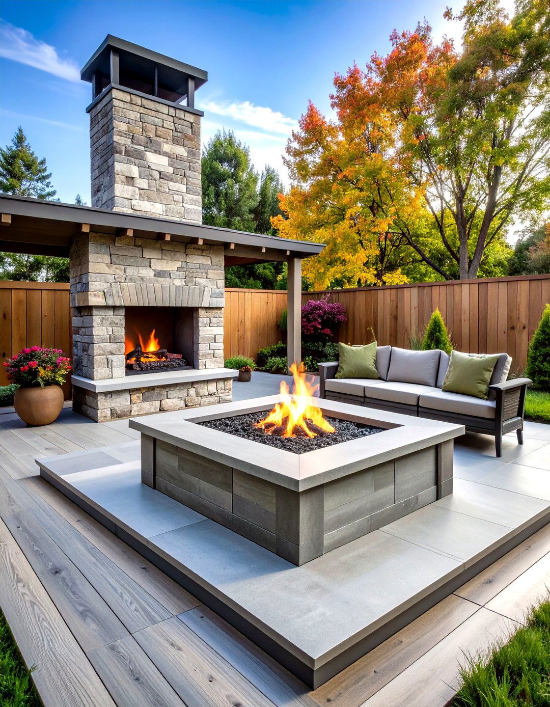 Farmhouse Gray Board Form Stamped Concrete Patio with Chimney Style Fire Pit - 20 stamped concrete patio with fire pit ideas