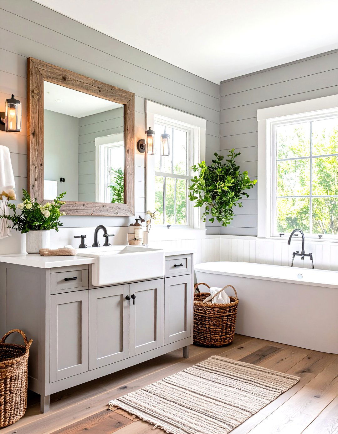 Farmhouse Grey and White Bathroom with Shiplap - 20 Grey and White Bathroom Ideas