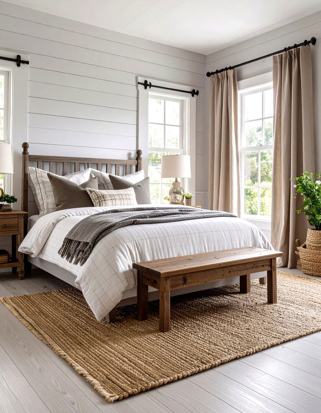 Farmhouse Inspired Grey and White Bedroom with Rustic Touches - 20 Grey and White Bedroom Ideas