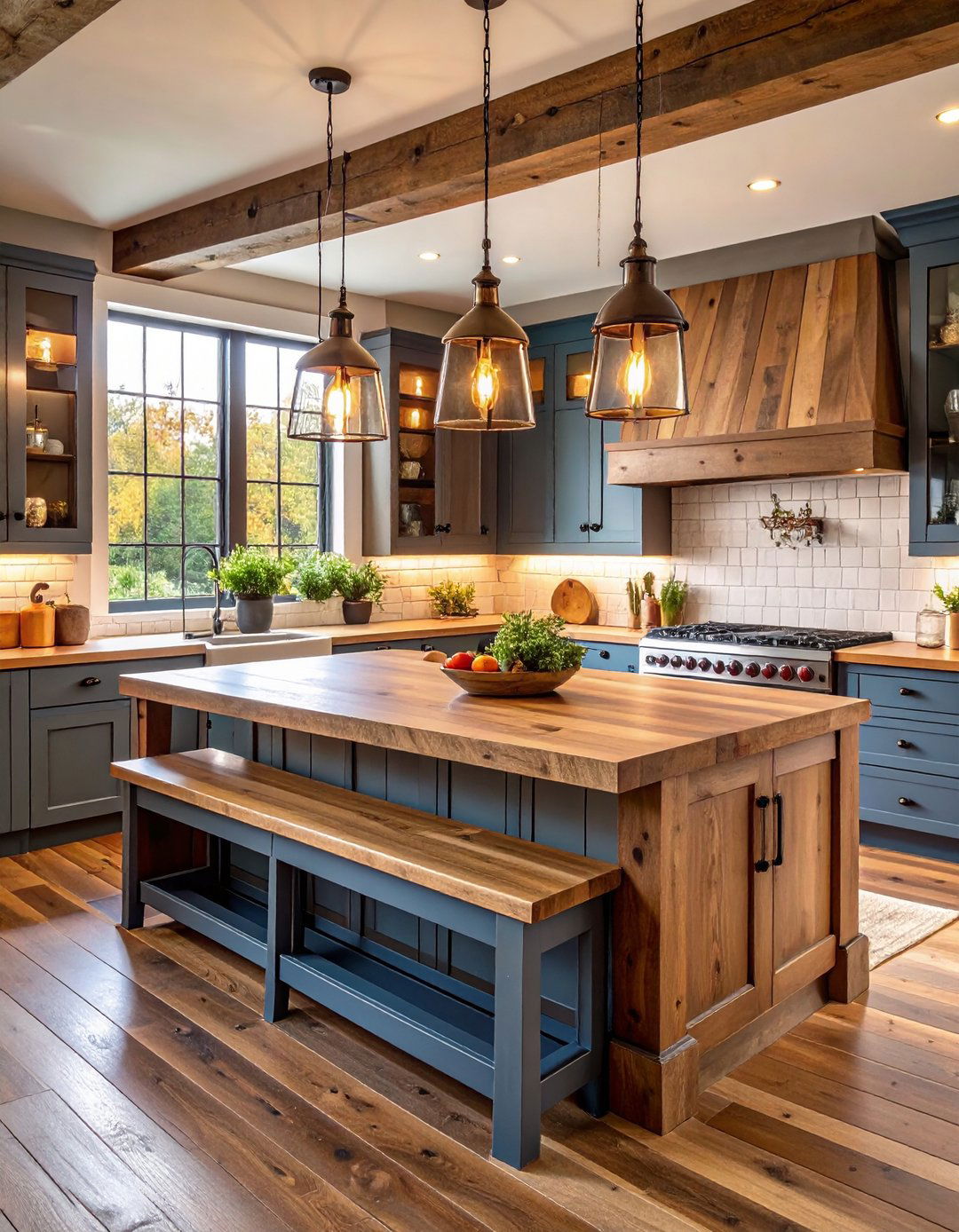 Farmhouse Kitchen Island with Butcher Block and Bench Seating - 20 Kitchen Island Ideas With Seating