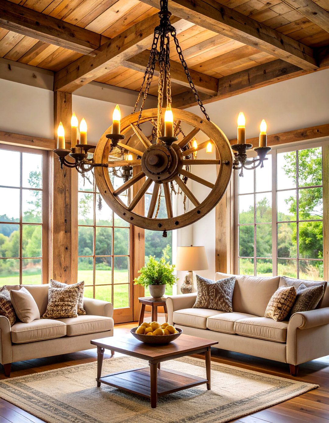 Farmhouse Living Room Ceiling Lighting with Rustic Wagon Wheel Chandeliers - 20 Living Room Ceiling Lighting Ideas