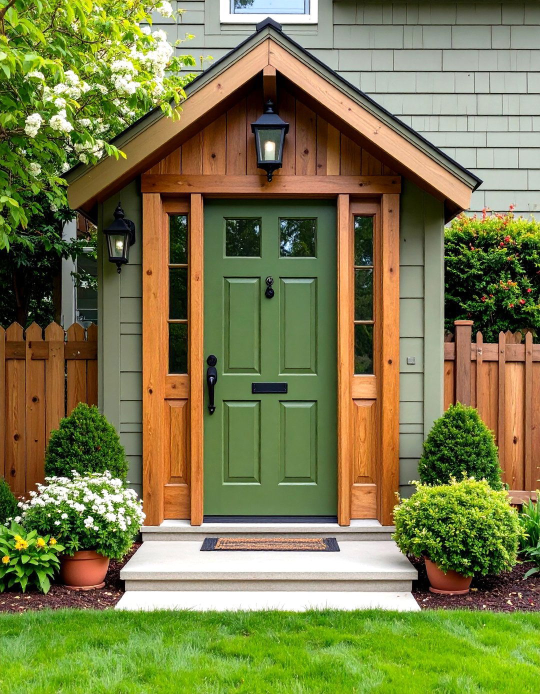 Farmhouse Olive Green Front Door with Rustic Wood Frame - 20 Olive Green Front Door Ideas
