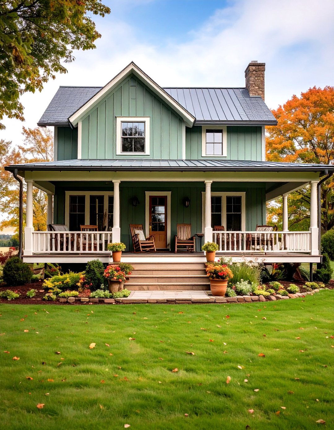 Farmhouse Olive Green House Exterior with Wrap Around Porch - 20 Olive Green House Exterior Ideas