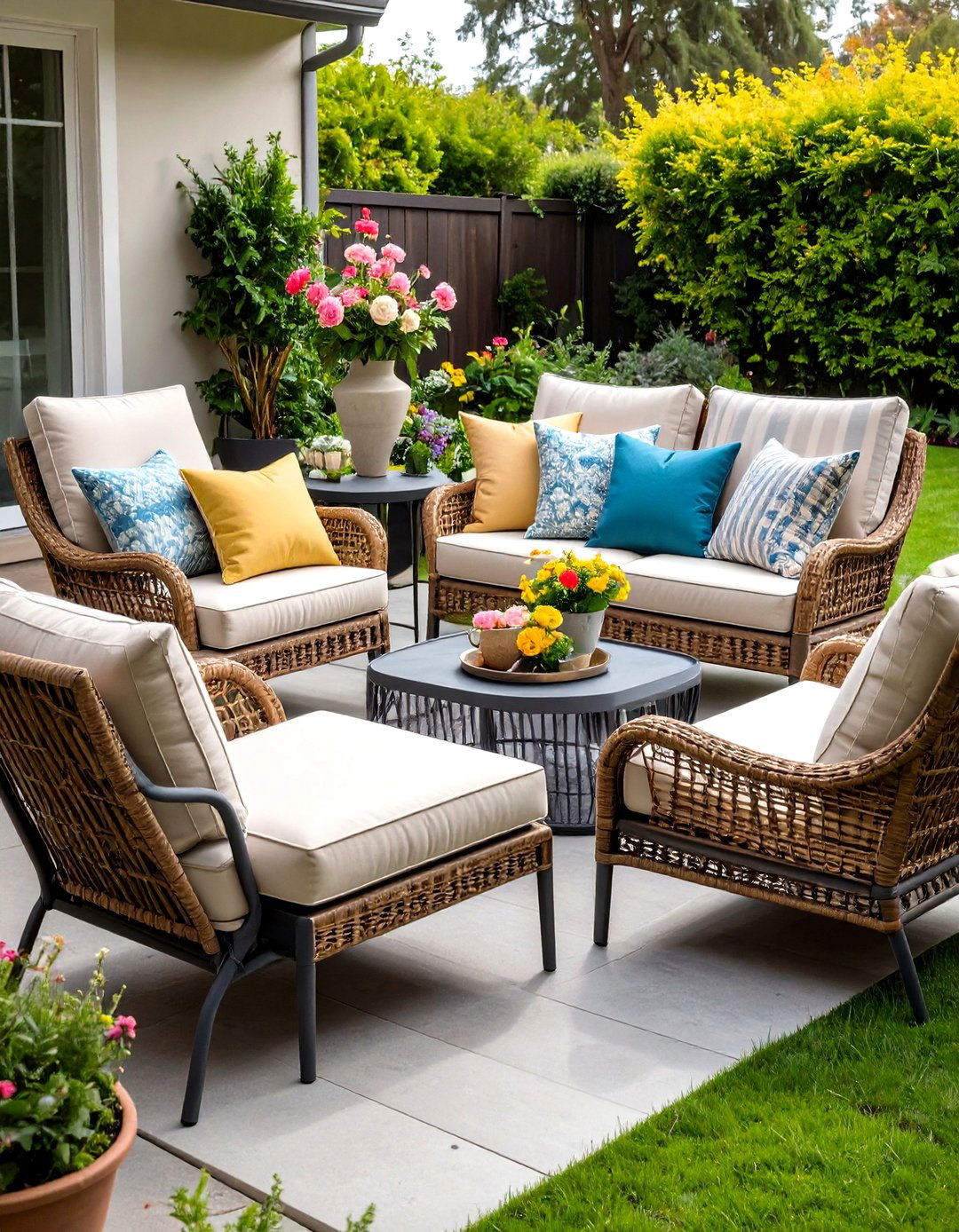 Farmhouse Patio Metal and Wicker Seating Mix - 20 Farmhouse Patio Ideas