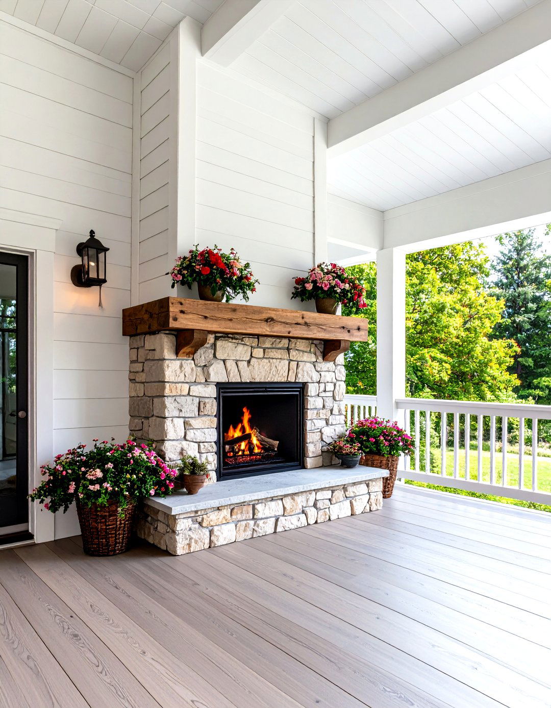 Farmhouse Porch Fireplace with Shiplap and Reclaimed Wood - 20 Porch Fireplace Ideas