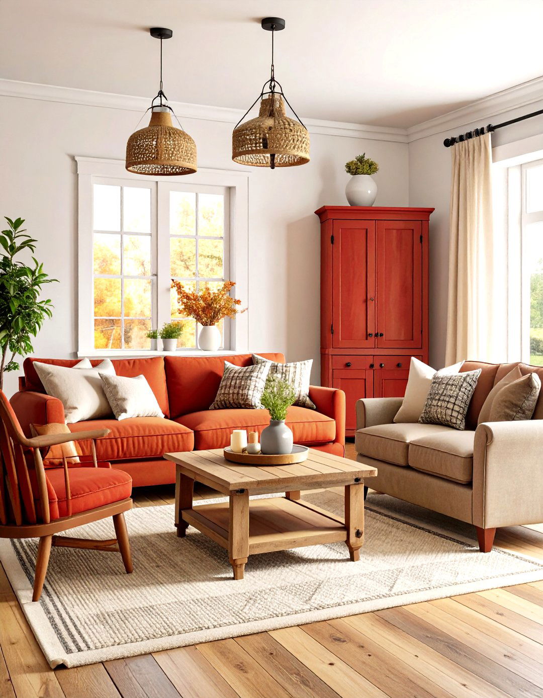 Farmhouse Primitive Living Room with Barn Red Elements - 20 Primitive Living Room Ideas