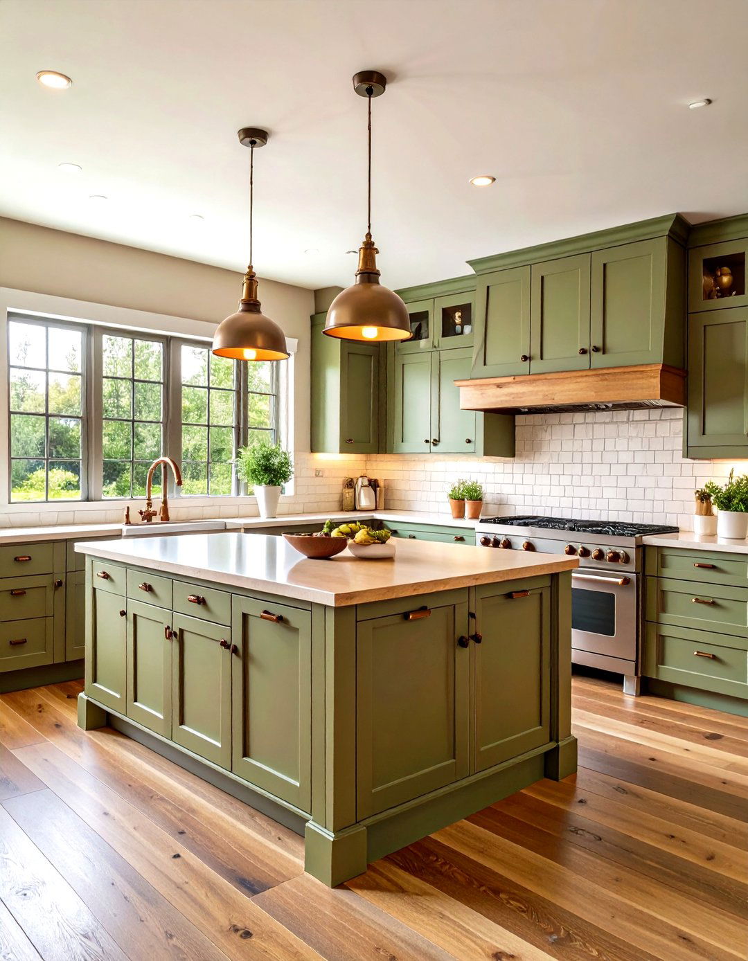 Farmhouse Sage Green Kitchen with Shaker Cabinets and Butcher Block Countertops - 20 Sage Green Kitchen Ideas
