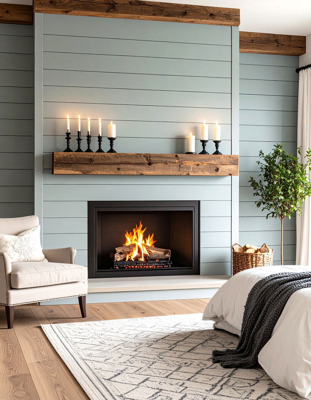 Farmhouse Shiplap Bedroom Fireplace with Reclaimed Wood Mantel - 20 Bedroom Fireplace Ideas