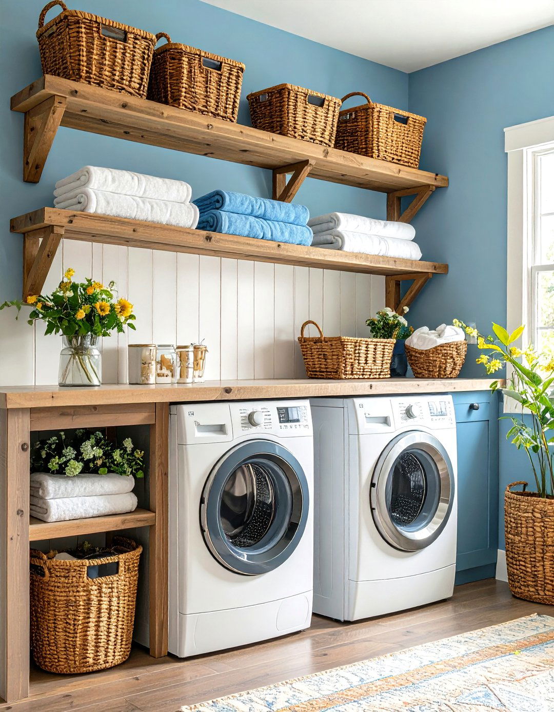 Farmhouse Shiplap Laundry Room Shelf Display - 20 Laundry Room Shelf Ideas