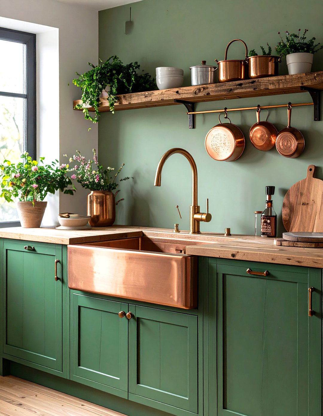 Farmhouse Style Green Kitchen Sink with Copper Apron Front - 20 Green and Copper Kitchen Ideas