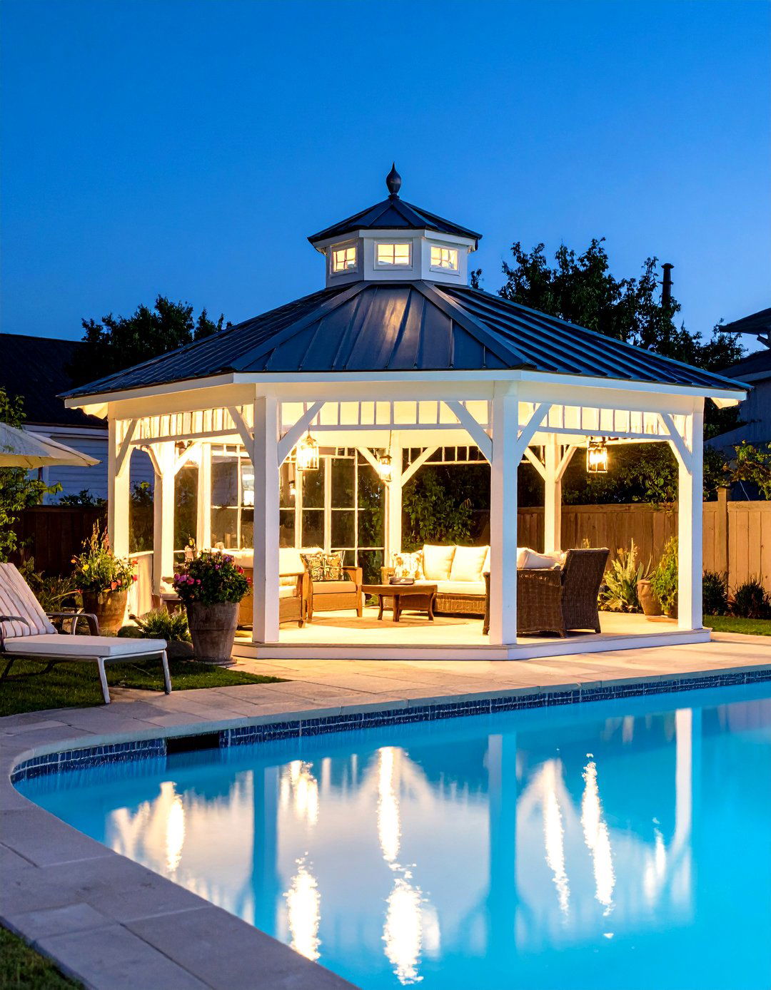 Farmhouse Style Pool Gazebo with Screened Walls - 20 Pool Gazebo Ideas