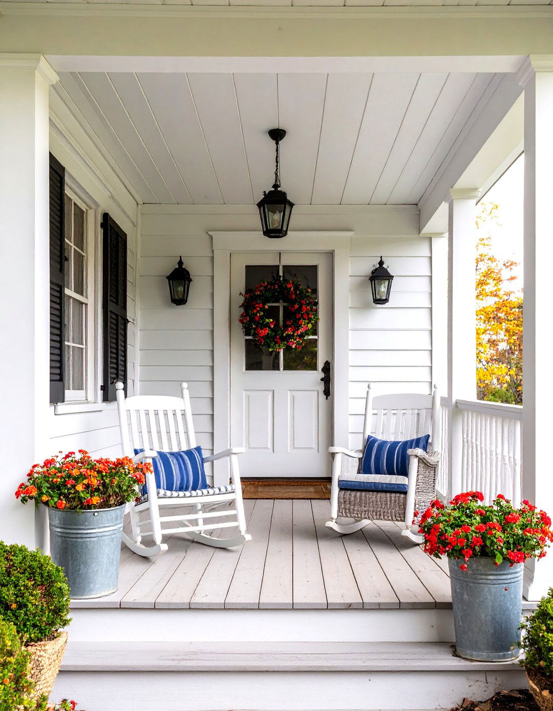 Farmhouse Wraparound Rustic Porch with White Columns - 20 Rustic Porch Ideas