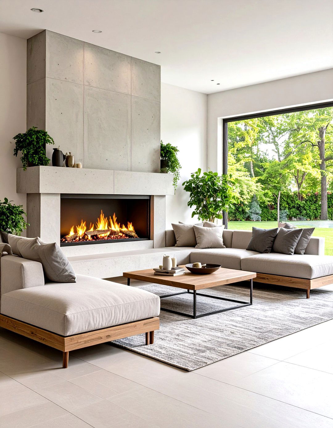 Faux Concrete Hearth Bench with Electric Fireplace - 20 Electric Fireplace Ideas With Tv Above