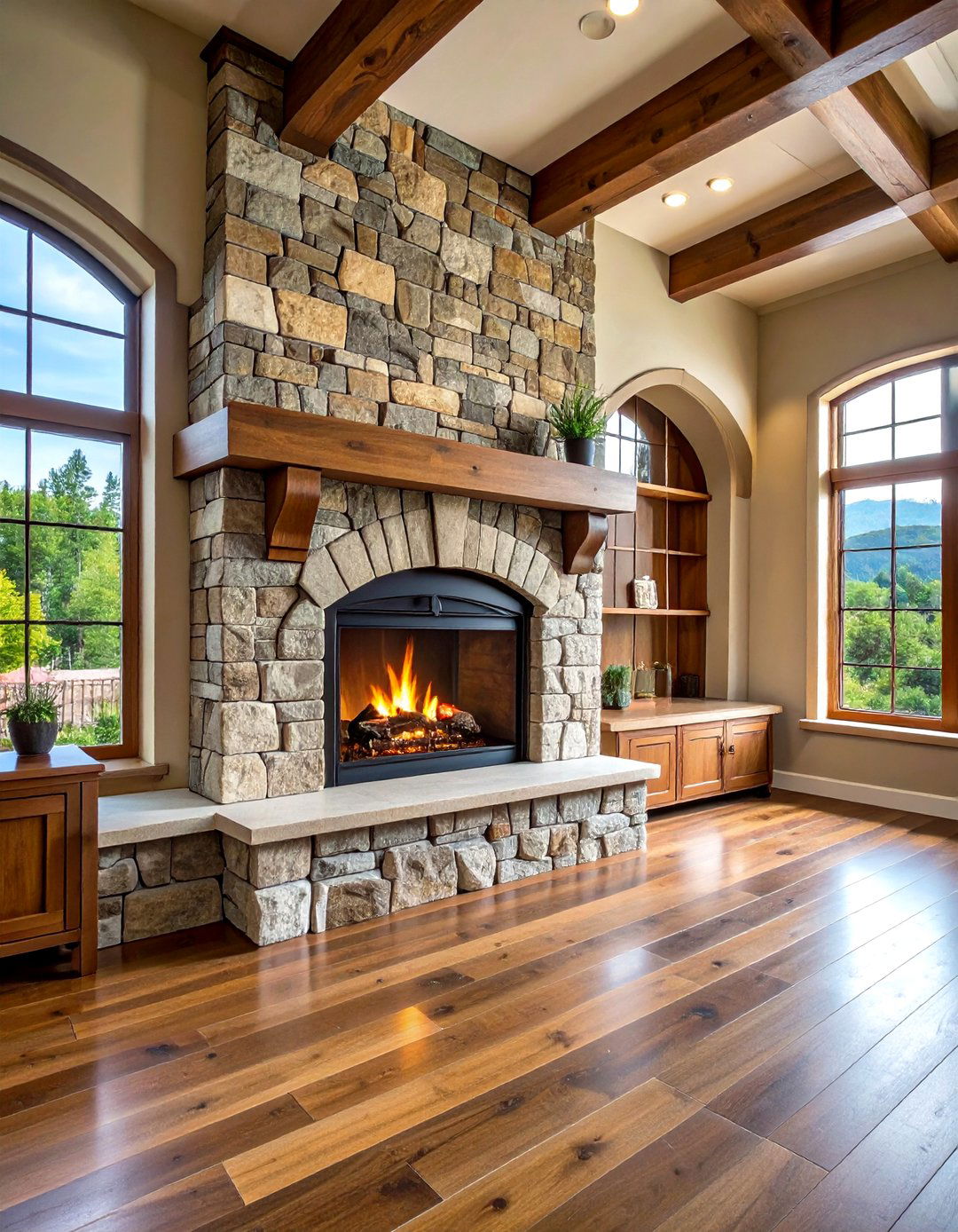Faux Stone Fireplace with Built In Wood Storage Alcoves - 20 Faux Stone Fireplace Ideas